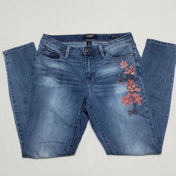 NINE West Gramercy Skinny Floral Embroidered Mid Rise Skinny Stretch Jeans 8 - Picture 2 of 12